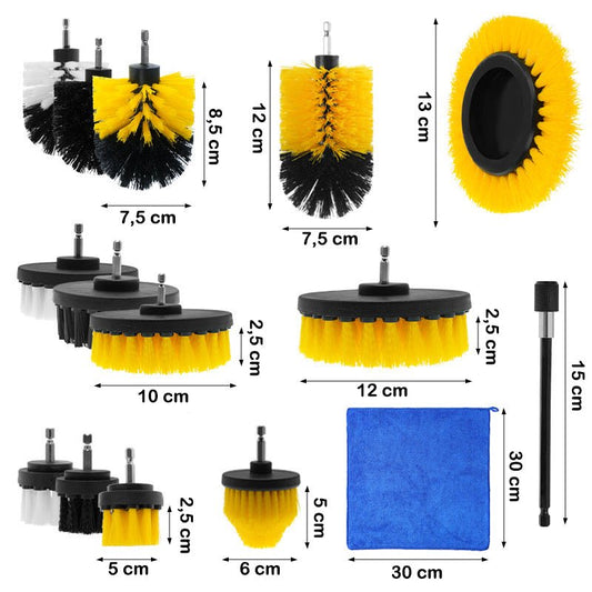 Størrelsesoversikt for 15-delt børstesett – mål i cm for alle børstehoder og forlengelsesstang