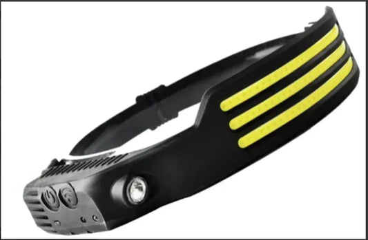 Nærbilde av BIGGEN hodelykt med 1000 lumen, brede LED-striper, USB-C lading og bevegelsessensor