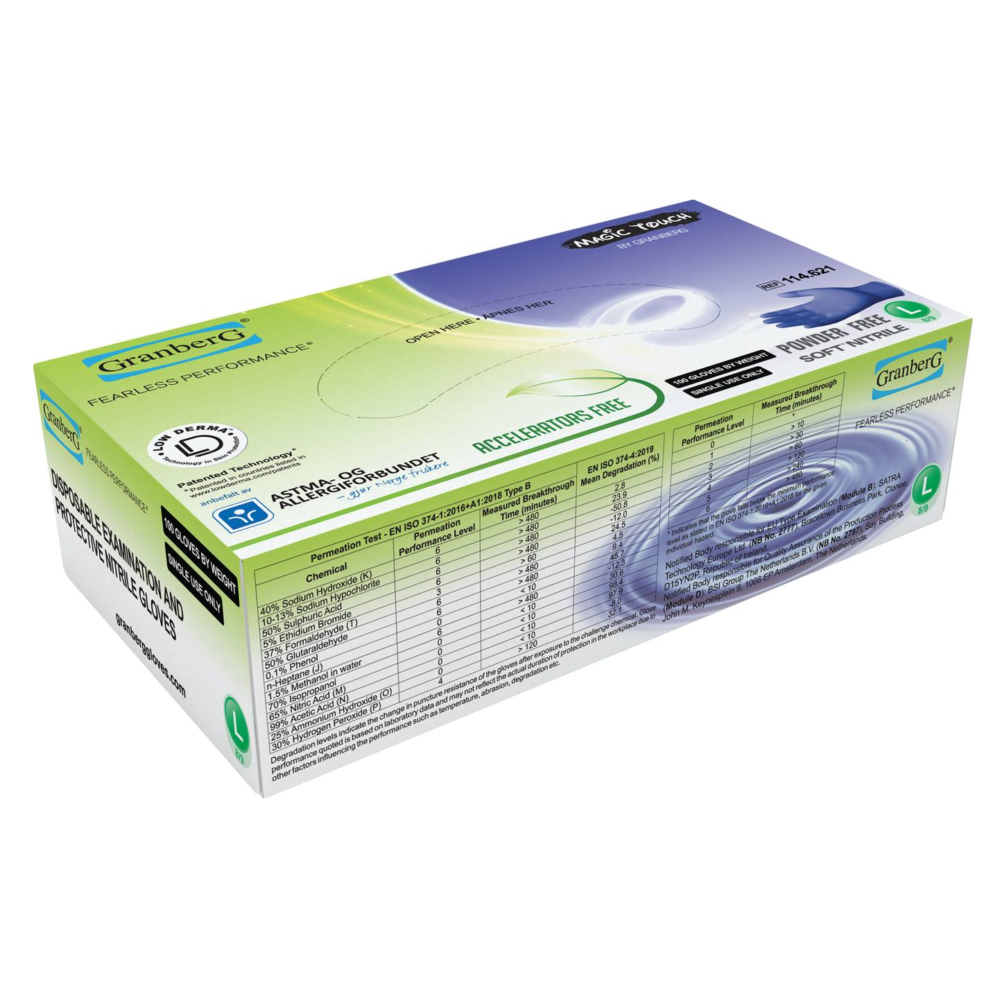 Eske med Granberg 621 Soft Nitrile engangshansker – akseleratorfri, pudderfri, indigo, 100 stk