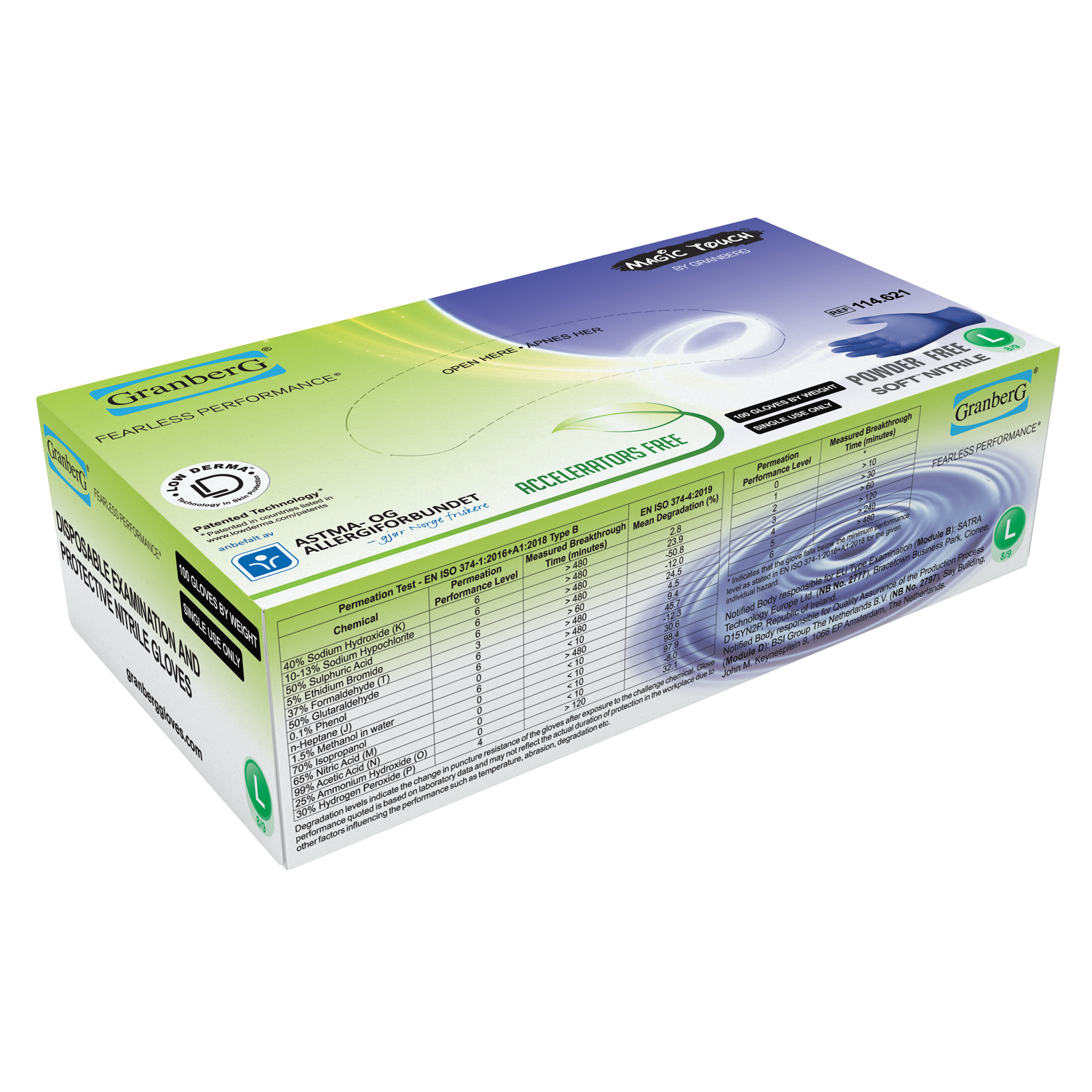 Eske med Granberg 621 Soft Nitrile engangshansker – akseleratorfri, pudderfri, indigo, 100 stk