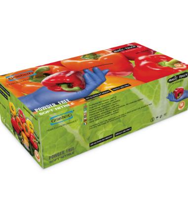 Eske med 200 Granberg 624 Soft Nitrile engangshansker – indigo, pudderfri og matgodkjent