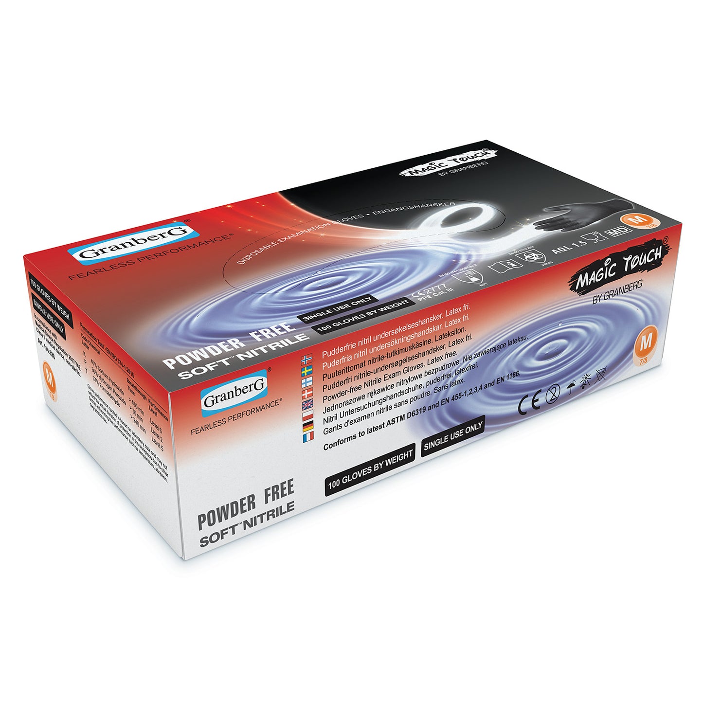 Kartong Granberg 628 Magic Touch – Soft Nitrile engangshansker, svarte og pudderfrie. Eske á 100 stk (illustrasjon, str. M)
