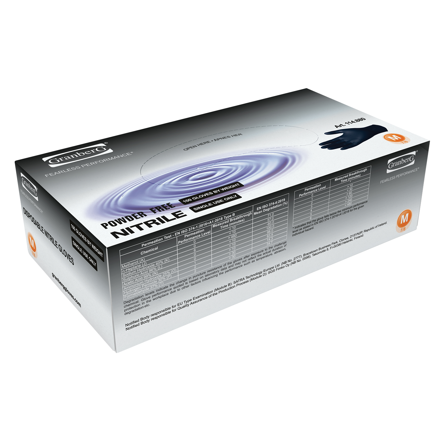 Eske med Granberg 880 svarte nitril engangshansker – pudderfri, 100 stk, størrelse M, kjemikaliebeskyttelse