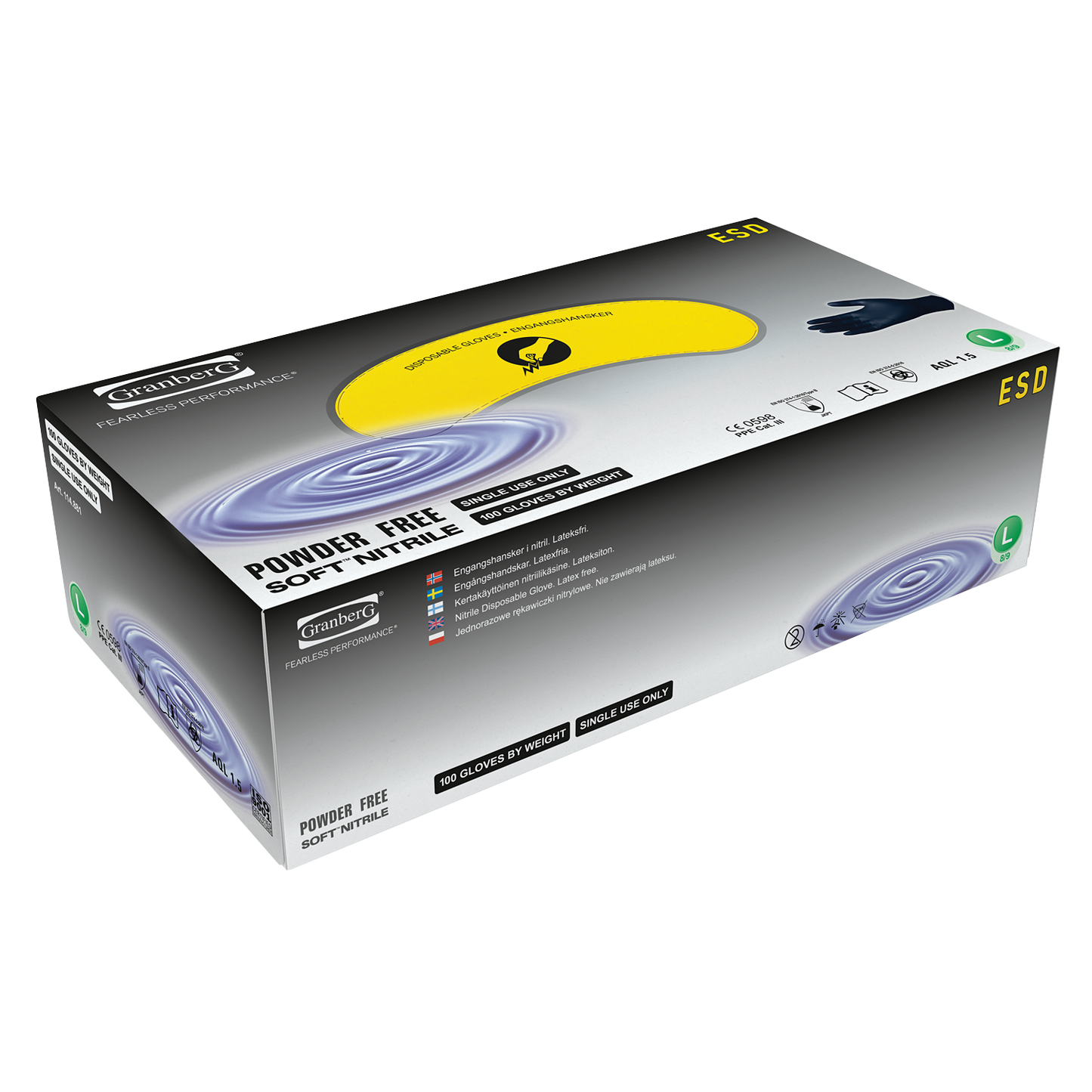 Granberg 881 ESD engangshansker – eske 100 stk, svart Soft Nitrile, antistatisk (ESD).