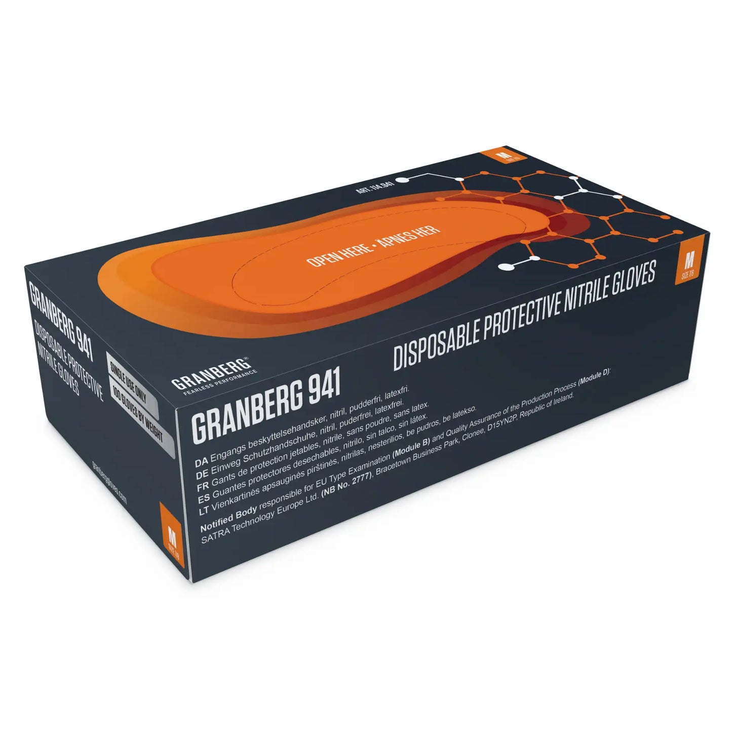 Granberg 941 engangshansker – eske med 100 oransje nitrilhansker for kjemikaliebeskyttelse, virusbarriere og matgodkjenning