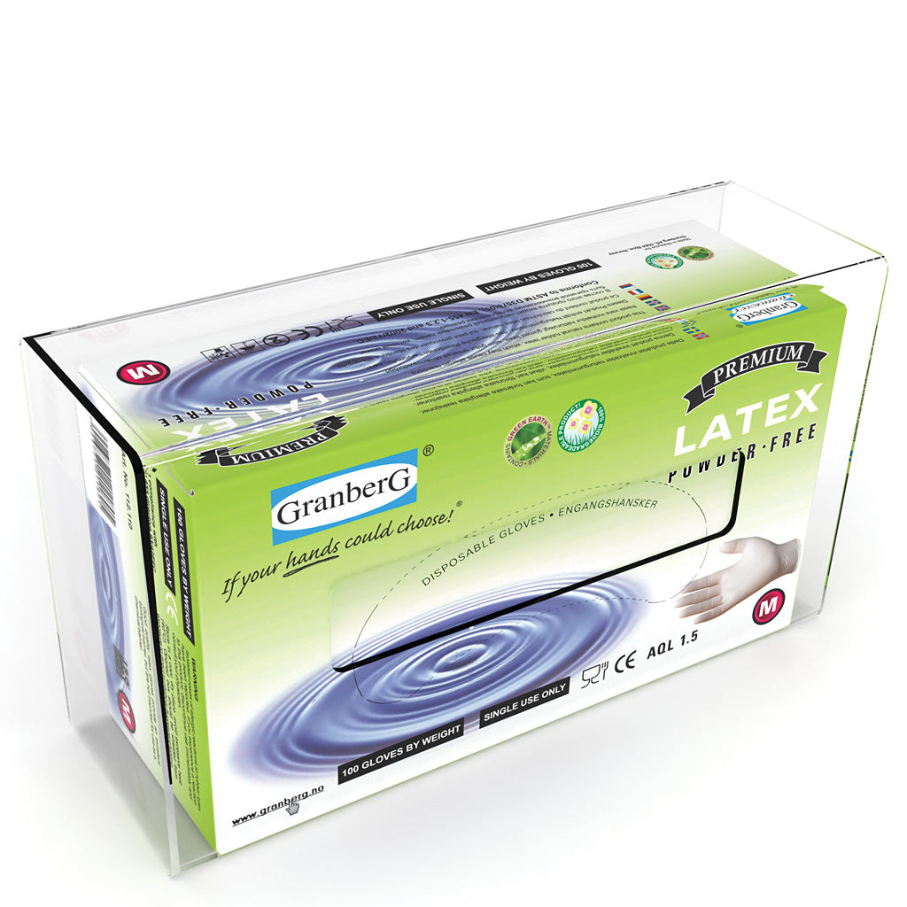 Transparent hanskedispenser i pleksiglass for veggmontering, med Granberg engangshanske-boks.