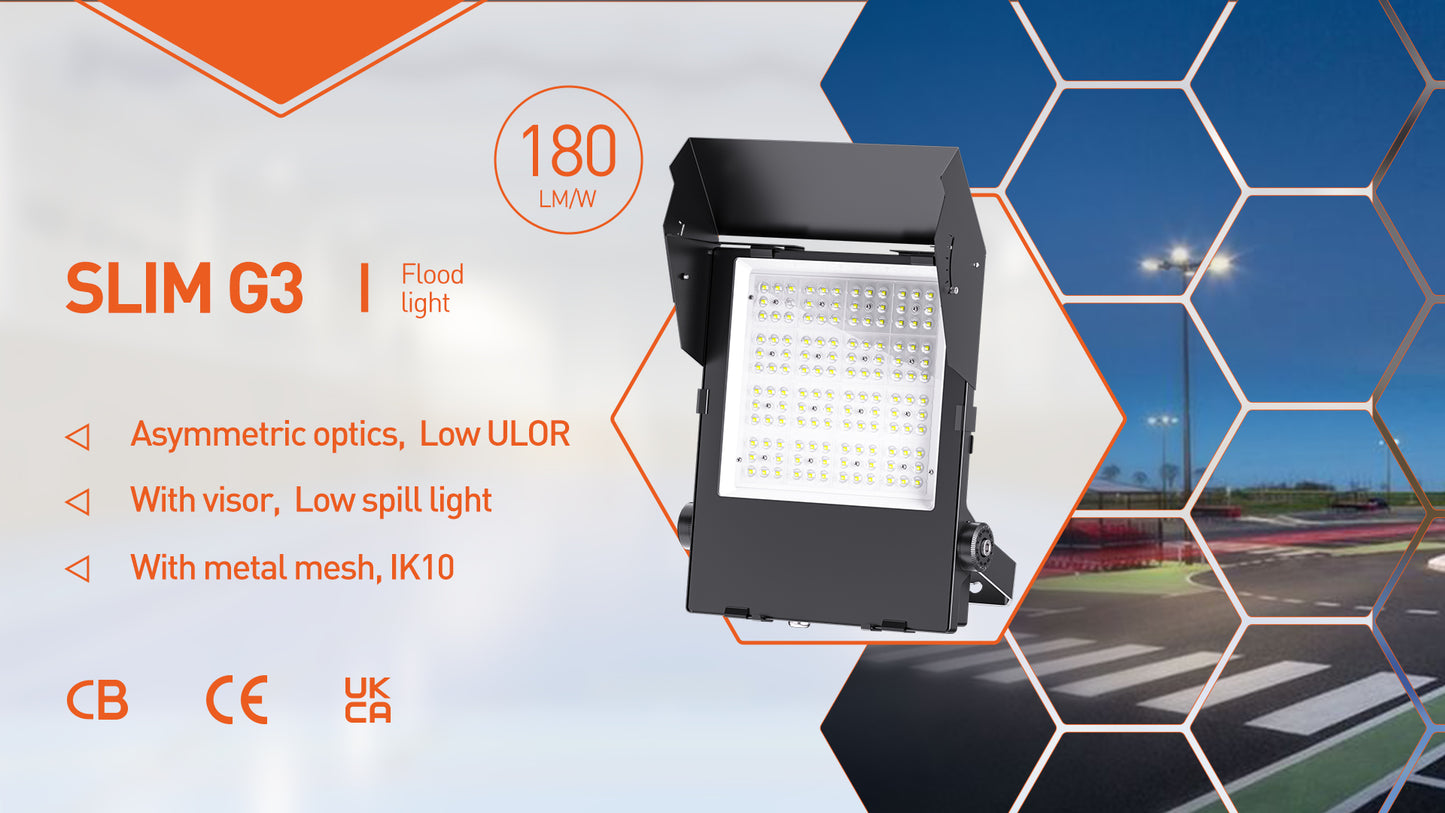 Slim G3 LED flomlys med visir og asymmetrisk optikk