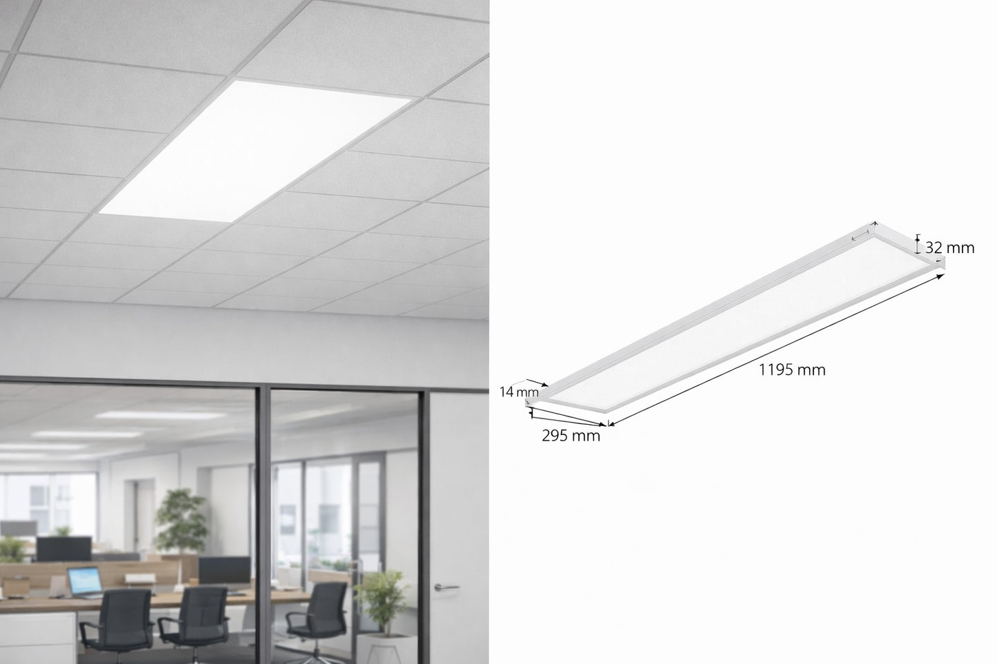 LED panel 300x1200 montert i himling samt teknisk måltegning 34W UGR19