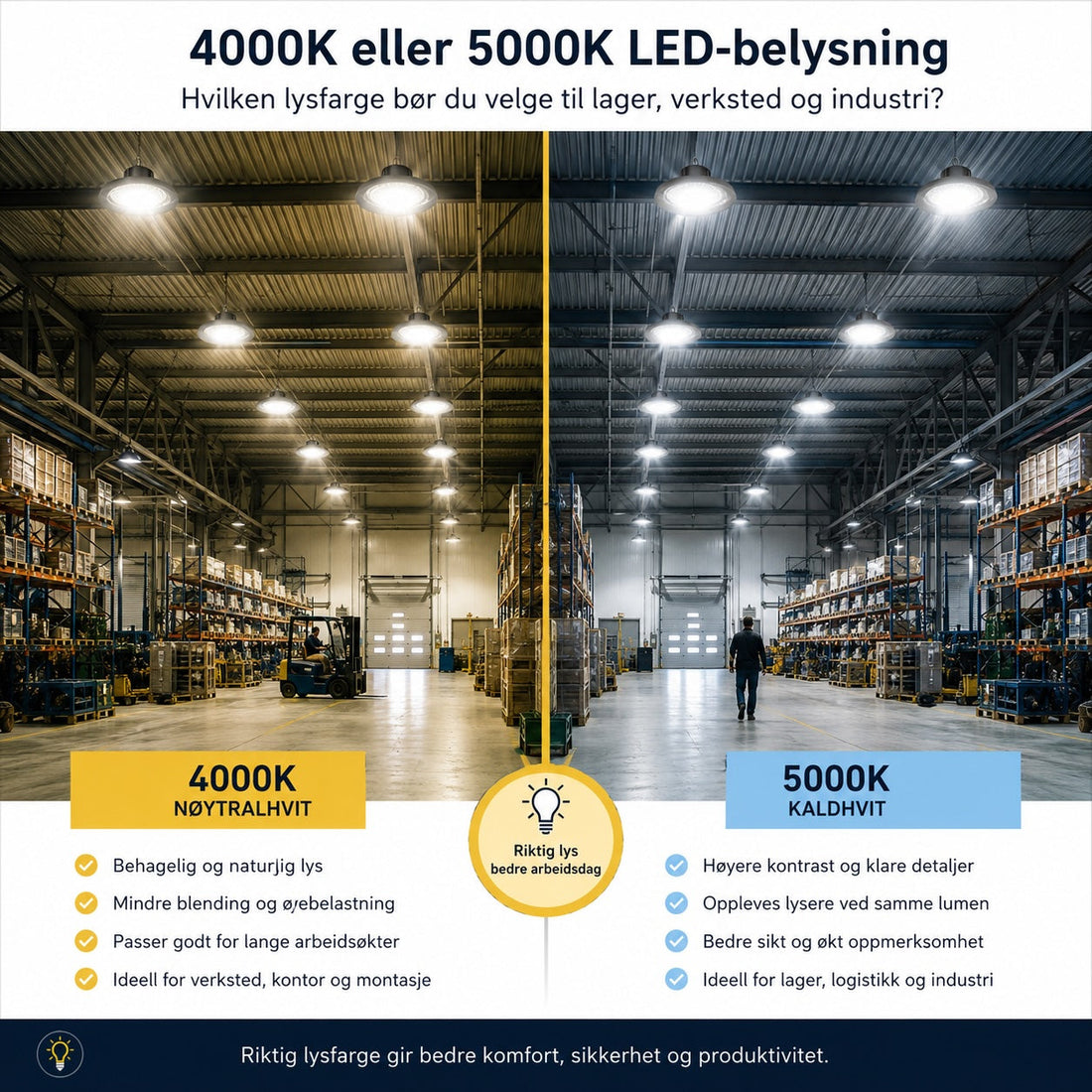 Sammenligning av 4000K og 5000K LED-belysning i lager og industribygg som viser forskjell i lysfarge, kontrast og arbeidsmiljø.