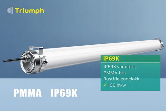 IP69K LED-armatur i PMMA for industri, vaskehaller og landbruk