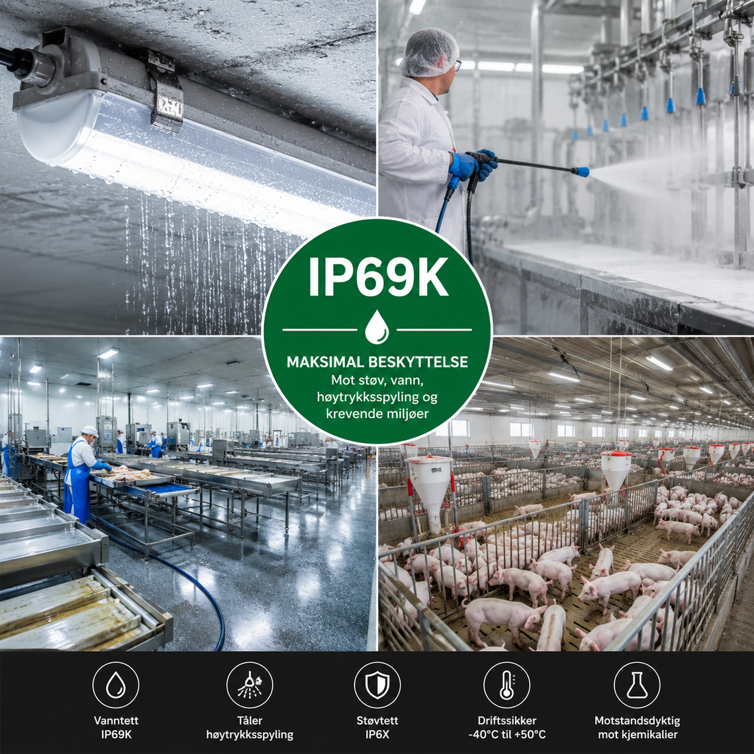 IP69K LED armatur for industri, vaskehaller, landbruk og hygieniske miljøer