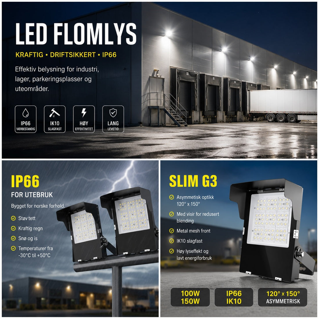 LED flomlys for industri, lager og uteområder med IP66 og IK10. Kraftig arbeidsbelysning for parkeringsplasser, terminaler og næringsbygg.