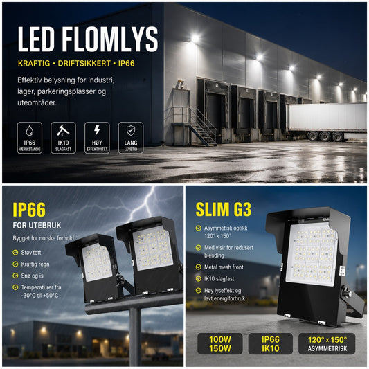 LED flomlys for industri, lager og uteområder med IP66 og IK10. Kraftig arbeidsbelysning for parkeringsplasser, terminaler og næringsbygg.