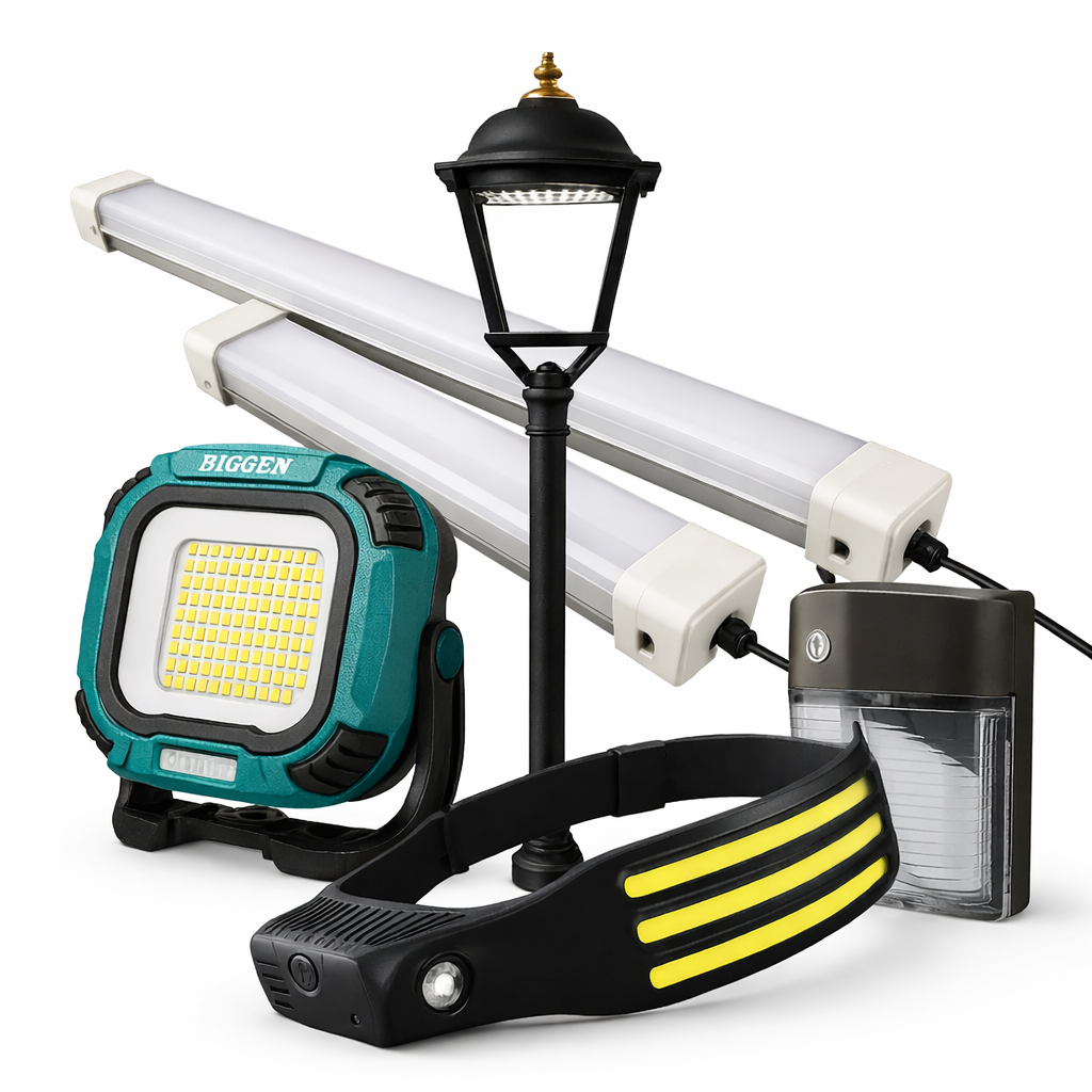 Samling av LED-lys for industri, verksted, idrettshaller og hjem – inkluderer industriarmatur, arbeidslampe, hodelykt, veggarmatur og klassisk stolpelampe