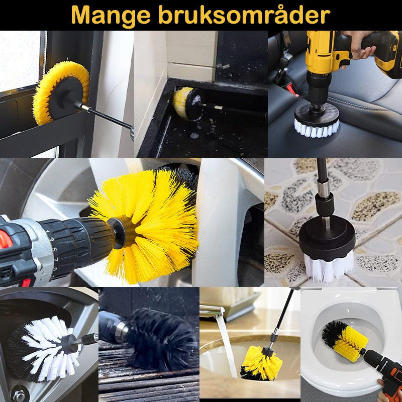 Illustrasjon av bruksområder for børstesett – kjøkken, bad, bil, båt og mer