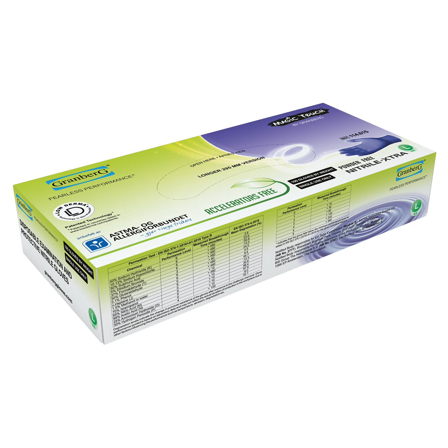 Granberg 615 Soft Nitrile engangshansker – akseleratorfri, ekstra lang 29,5 cm. Eske med 100 stk (Magic Touch)