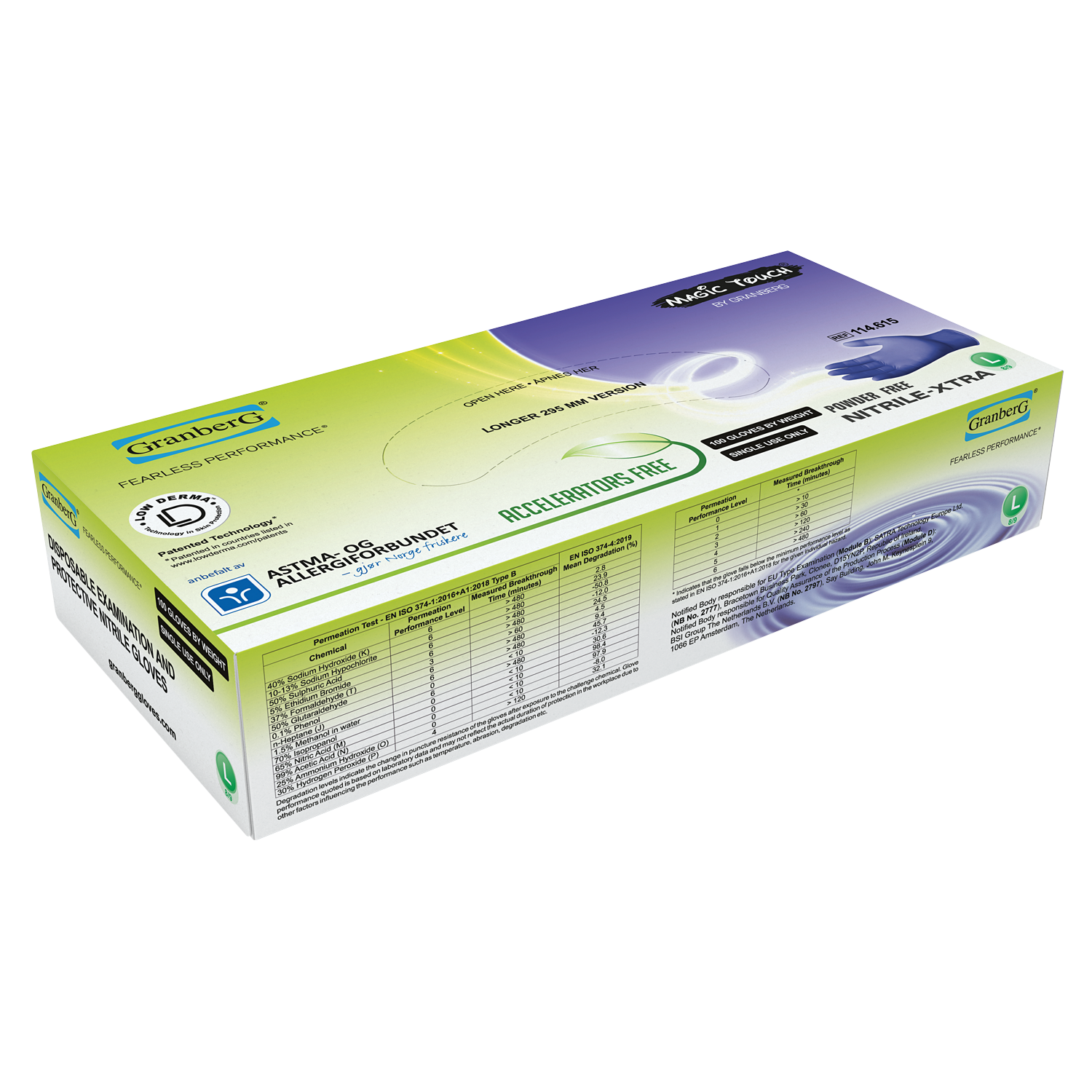 Granberg 615 Soft Nitrile engangshansker – akseleratorfri, ekstra lang 29,5 cm. Eske med 100 stk (Magic Touch)