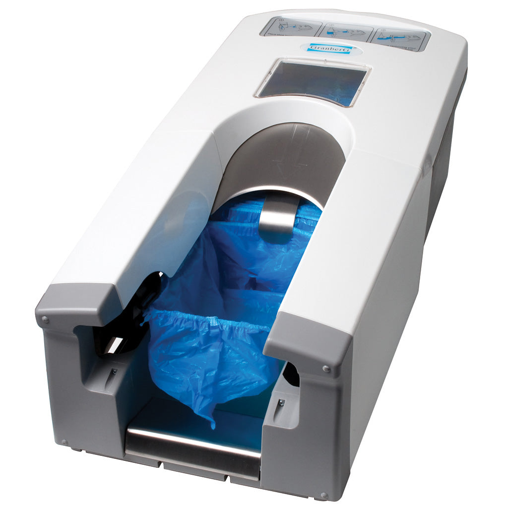 Granberg mekanisk skoovertrekk-dispenser med blått trekk i åpning – strømfri automat for rask påsetting; brukes med refill 904.2010 (1650 stk).