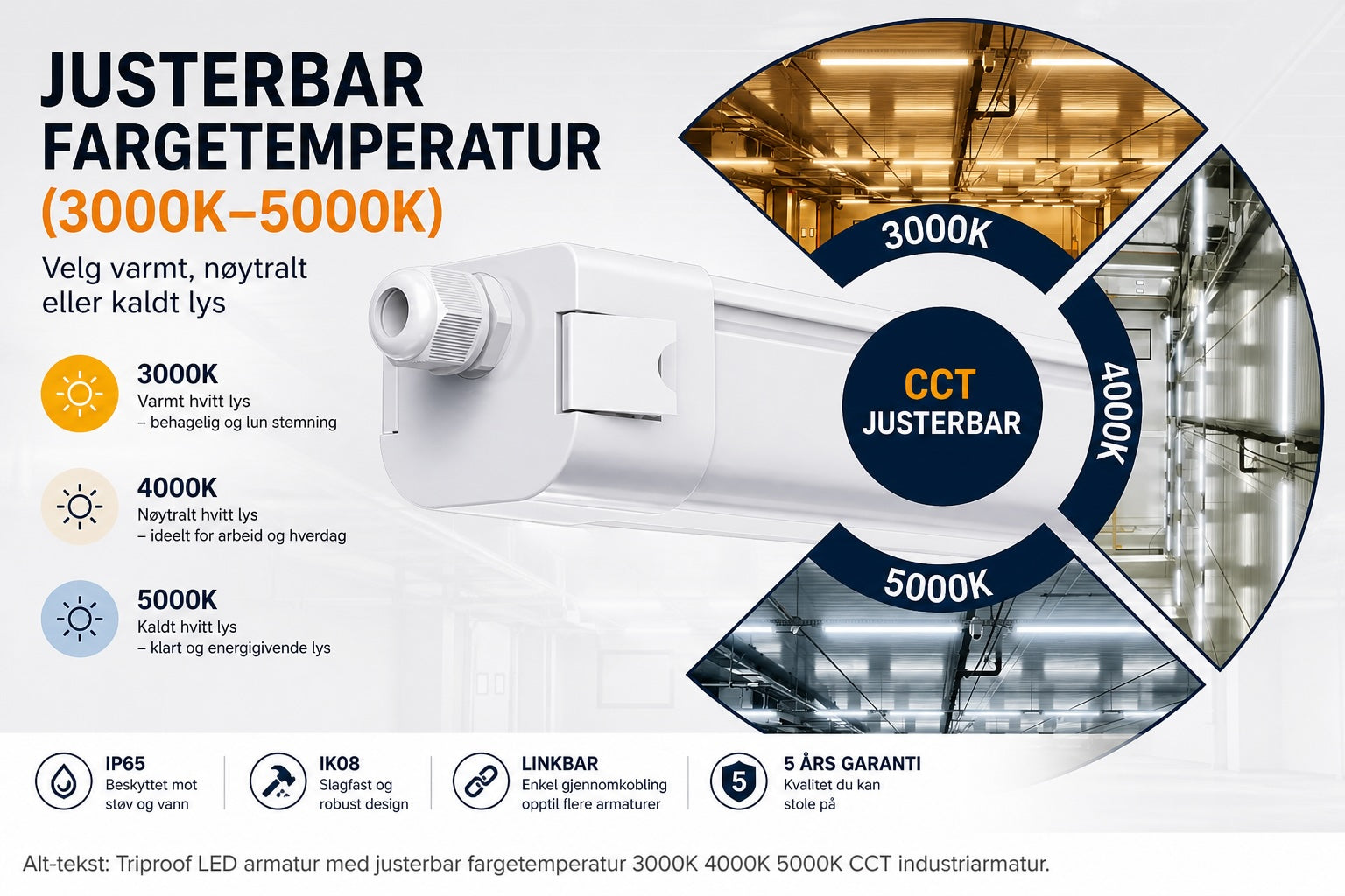 Triproof LED armatur med justerbar fargetemperatur 3000K 4000K 5000K CCT, industriarmatur IP65 IK08