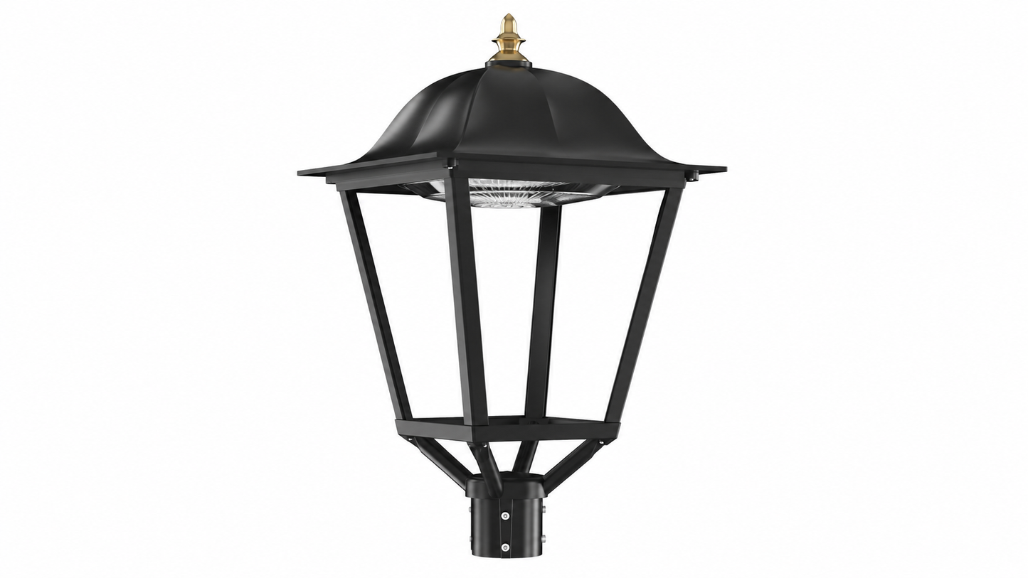 Avarta LED parklampe 40W vist fra skrå vinkel med dekorativ topp og stolpefeste.