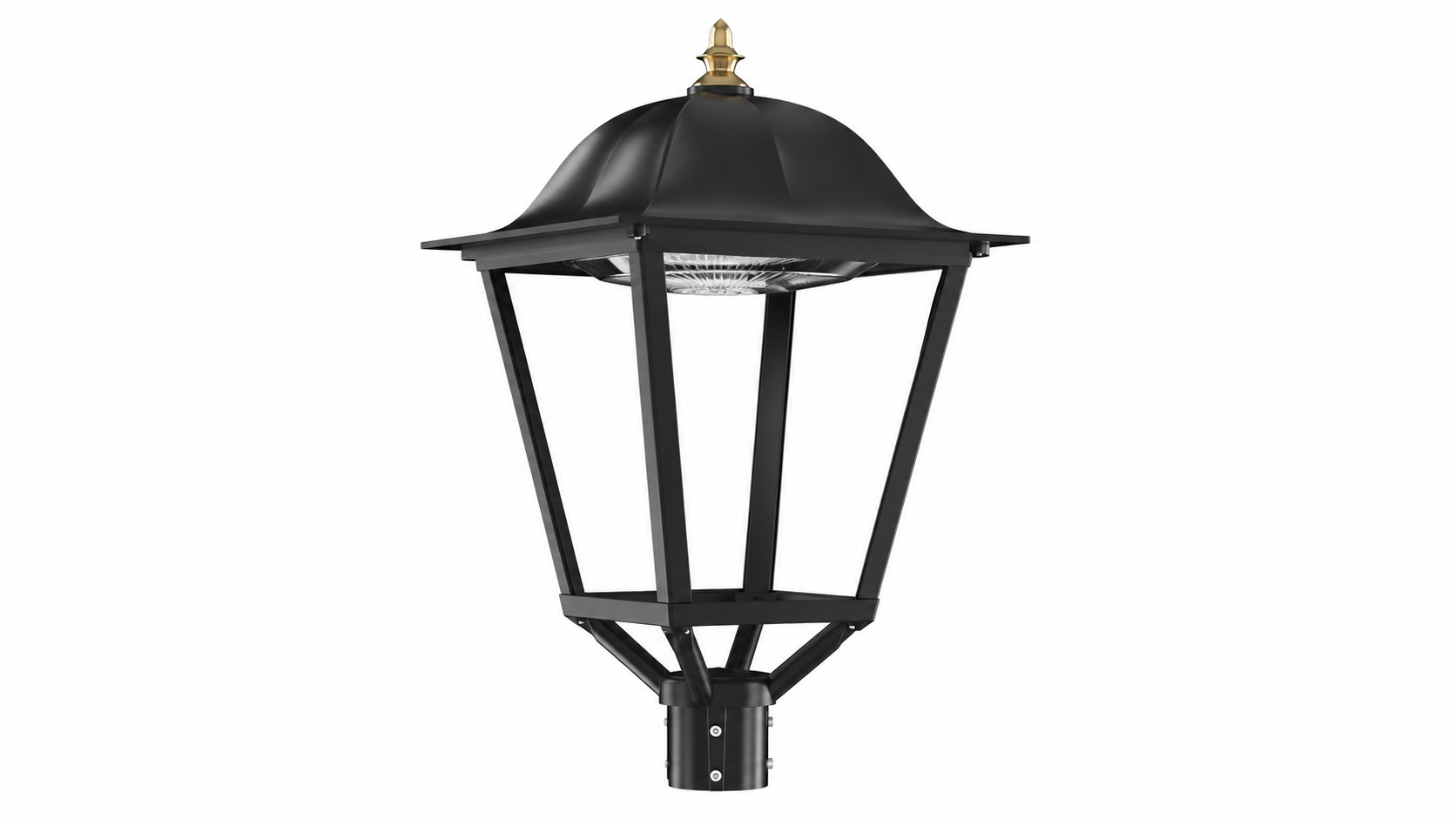 Avarta LED parklampe 40W vist fra skrå vinkel med dekorativ topp og stolpefeste.