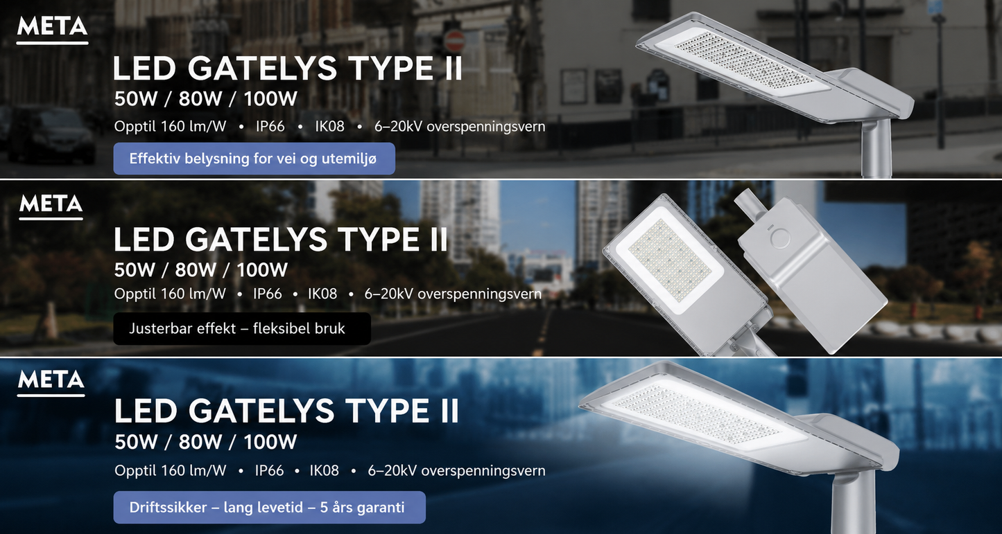 Meta LED-gatelys Type II med energieffektiv LED-belysning og jevn lysfordeling for profesjonelle installasjoner.