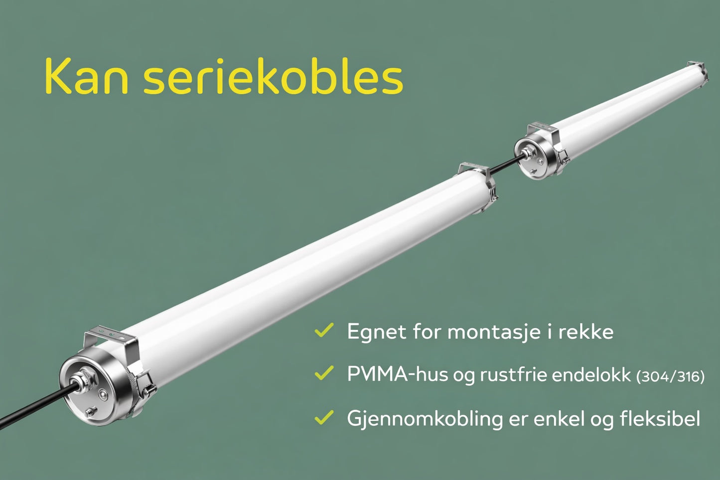 IP69K LED armatur kan seriekobles – gjennomkobling for industri og næringsmiddelmiljø