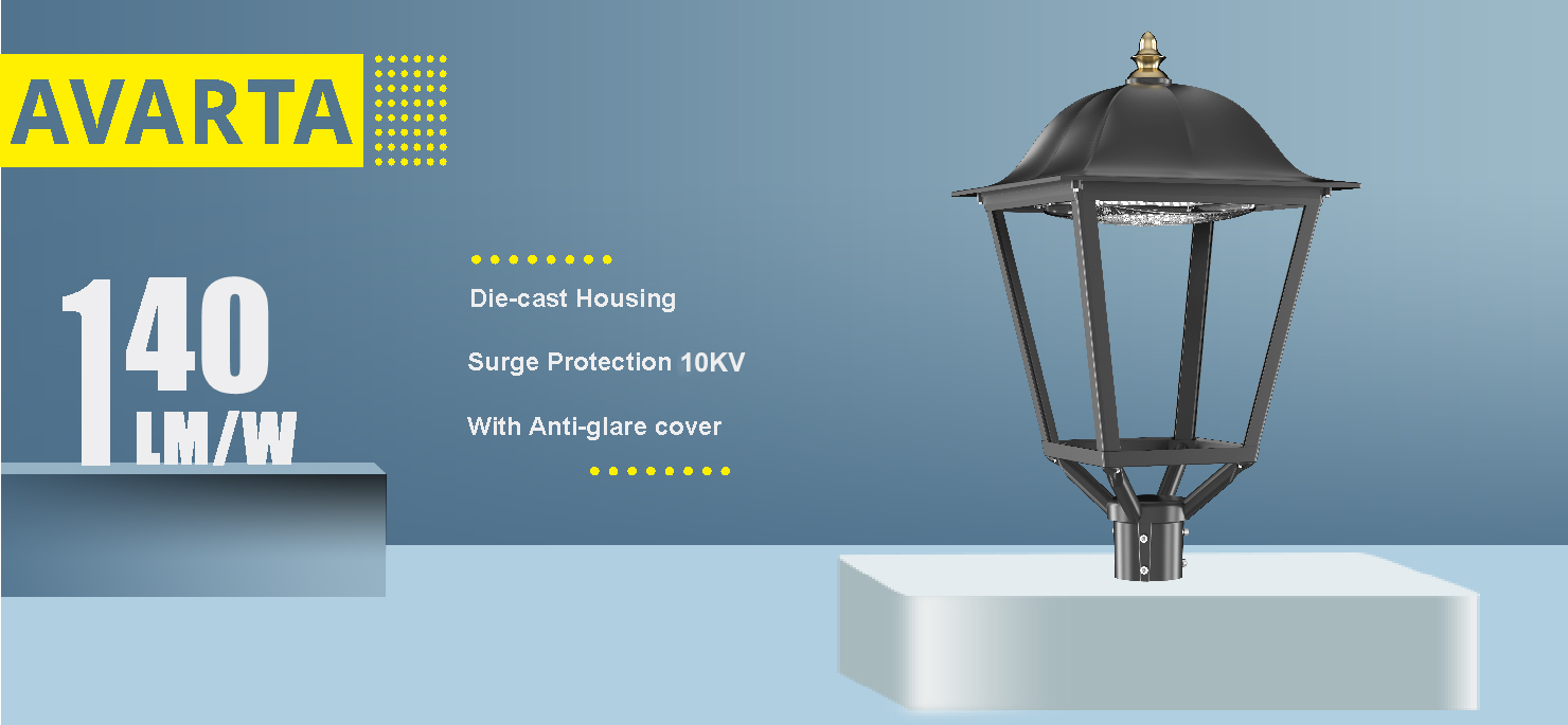 Avarta LED stolpelampe – 140 lm/W, støpt aluminium, 10 kV overspenningsvern og blendingsskjerm