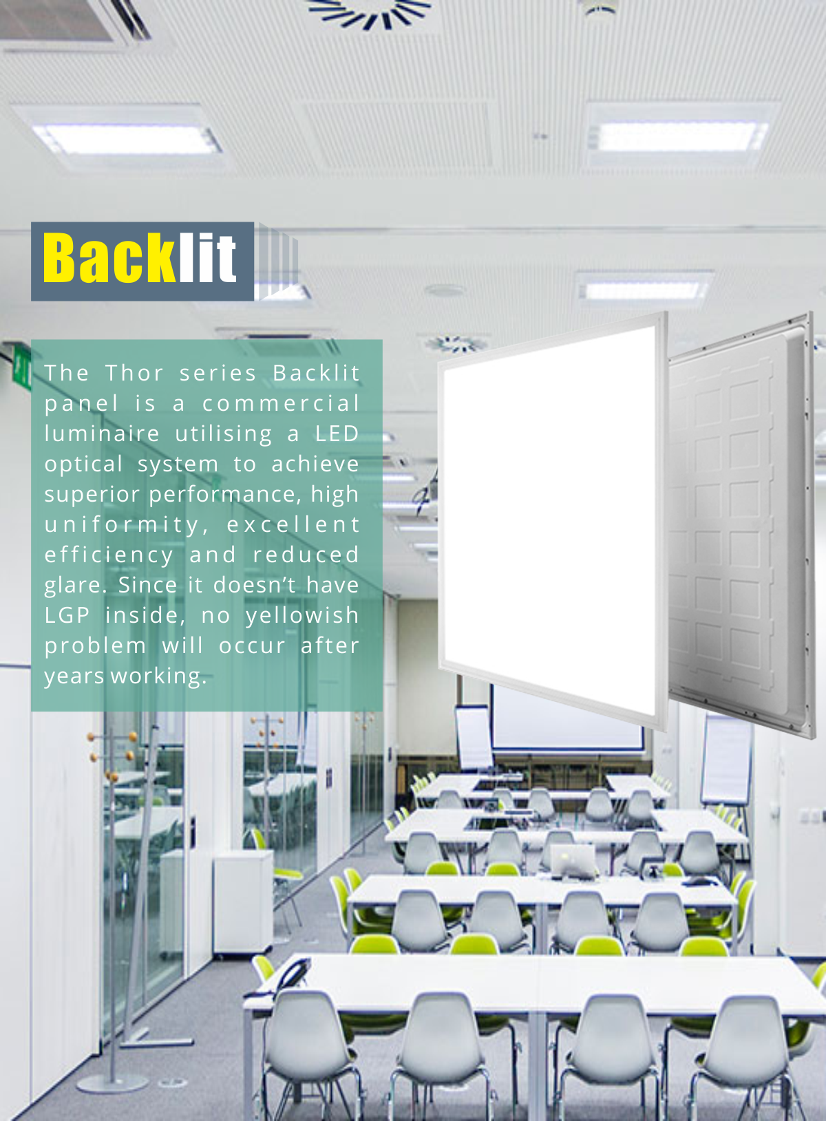 Bakbelyste LED-panel installert i moderne kontormiljø med jevn og blendingsfri belysning