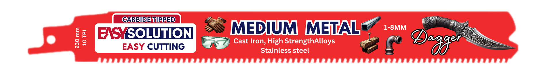 Karbid bajonettsagblad Medium Metal 230 mm 10 TPI for støpejern og rustfritt 1–8 mm