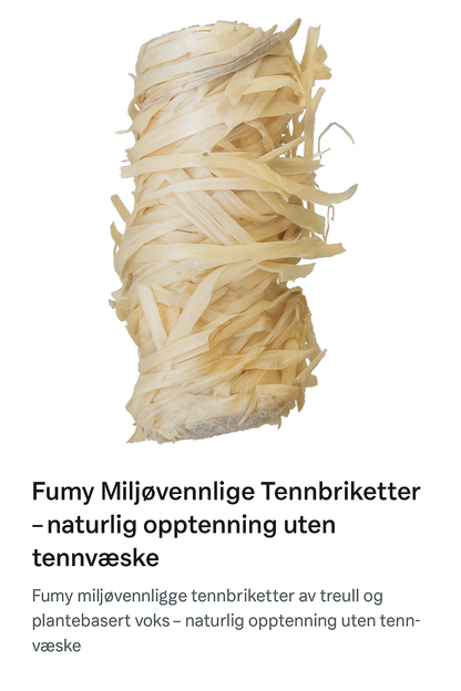 Fumy miljøvennlige tennbriketter av treull og plantebasert voks – naturlig opptenning uten tennvæske