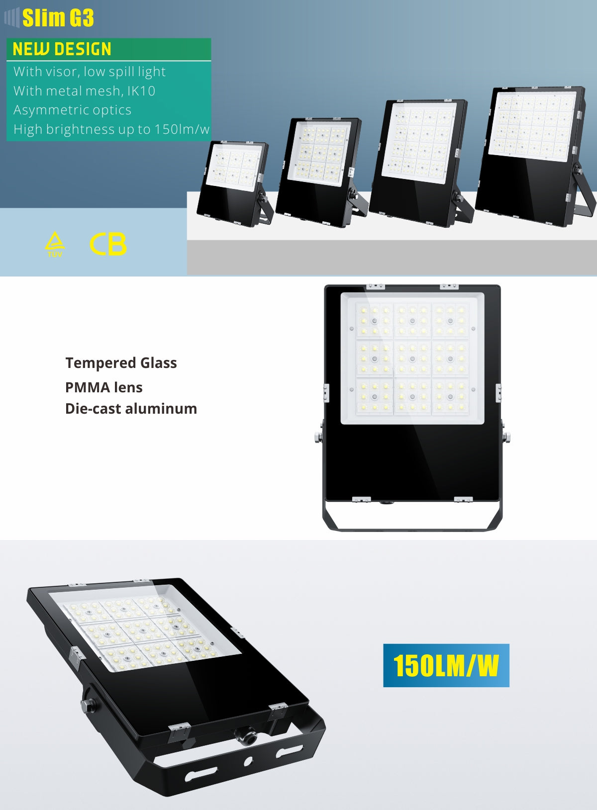 G3 slim LED-lyskaster med asymmetrisk optikk, 150 lm/W, herdet glass og IK10