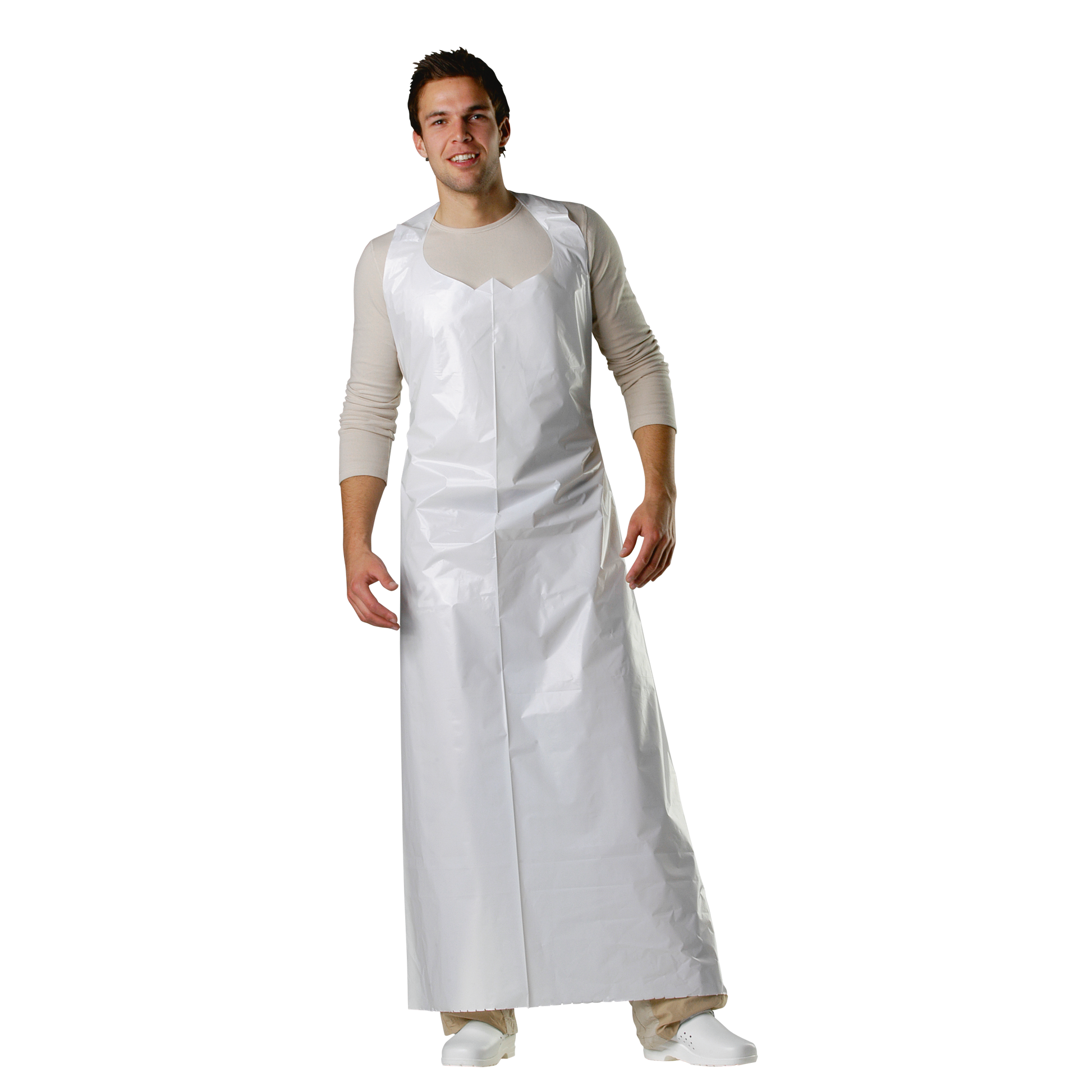 Granberg 0033 hvitt engangsforkle 160 cm – LDPE 40 my, matgodkjent EN 1186