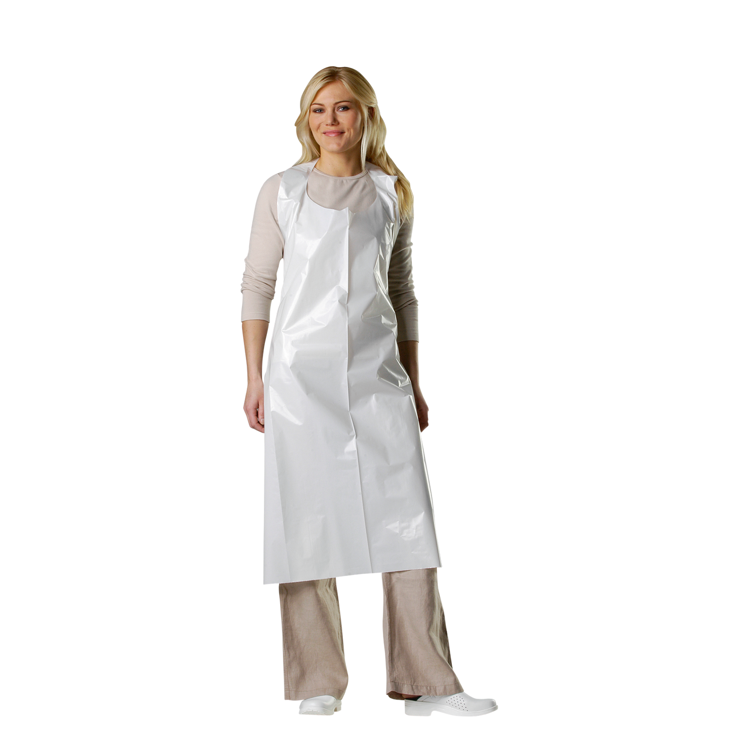 Granberg 0034 hvitt engangsforkle 130 cm – LDPE 40 my, matgodkjent EN 1186