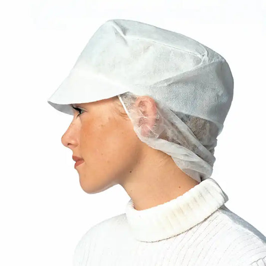 granberg 0040 hvit lue med skjerm snood cap i ikke vevd polypropylen for hygiene og matkontakt