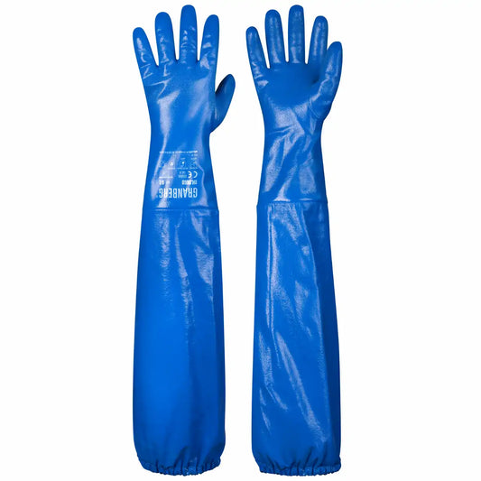 Granberg 0660 nitrilhanske, blå, med lang sveiset mansjett – kjemikaliebestandig for våte miljøer