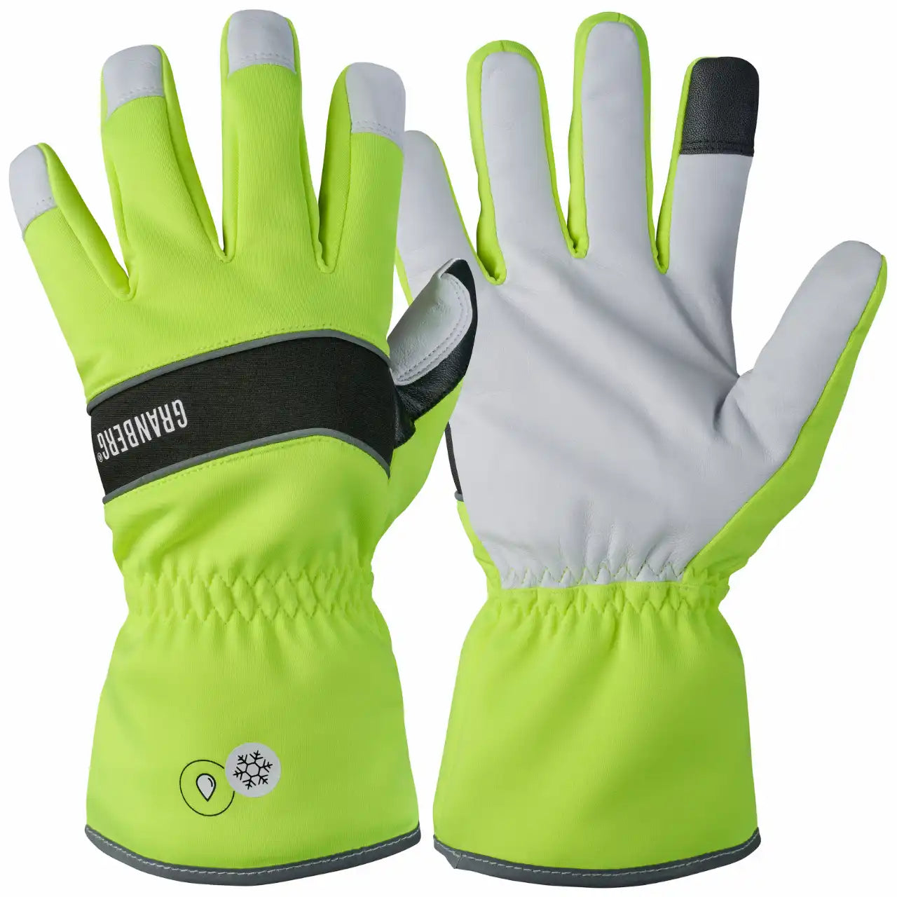 Granberg 1055 vinterhansker i hvitt og fluoriserende gult med svart mansjett, laget i geiteskinn og PROTEX™-membran med 3M Thinsulate™-fôr.
