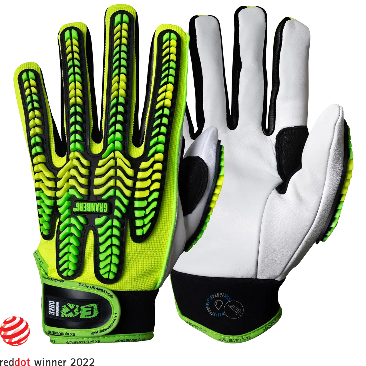 Produktbilde av Granberg EX 3260 arbeidshanske med PROTEX™-membran, geiteskinn i håndflaten og TPR-støtbeskyttelse.