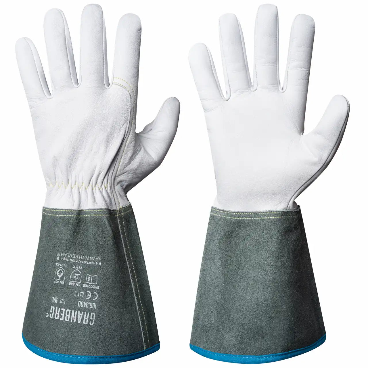 Granberg 3400 TIG-sveisehansker i hvitt geiteskinn med grå spaltskinn-mansjett – tettsittende og ufôret