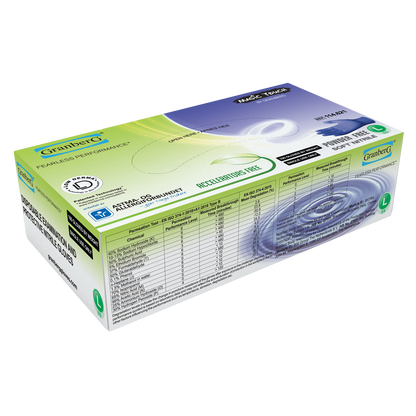 Eske med Granberg 621 Soft Nitrile engangshansker – akseleratorfri, pudderfri, indigo, 100 stk
