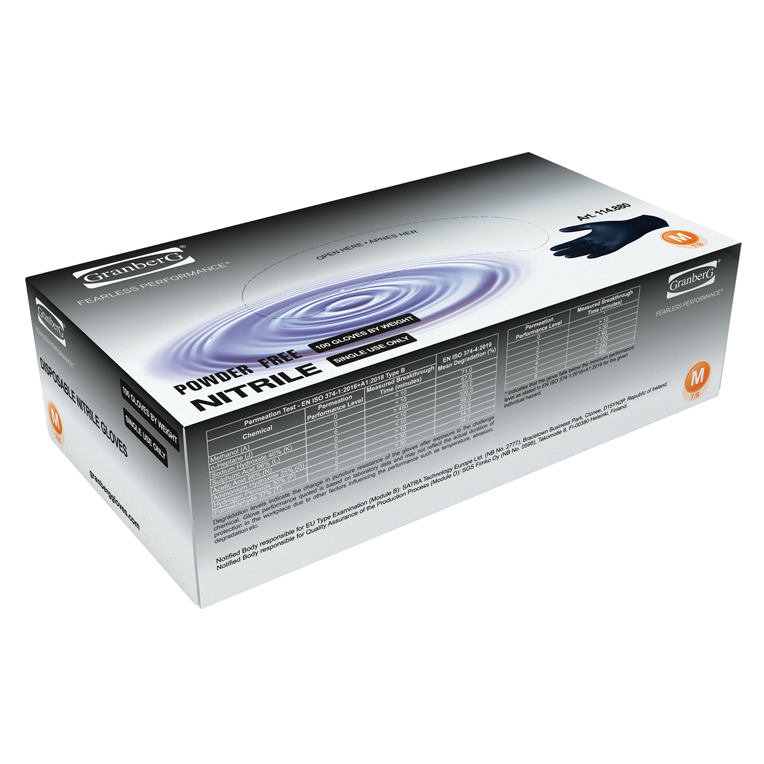 Eske med Granberg 880 svarte nitril engangshansker – pudderfri, 100 stk, størrelse M, kjemikaliebeskyttelse