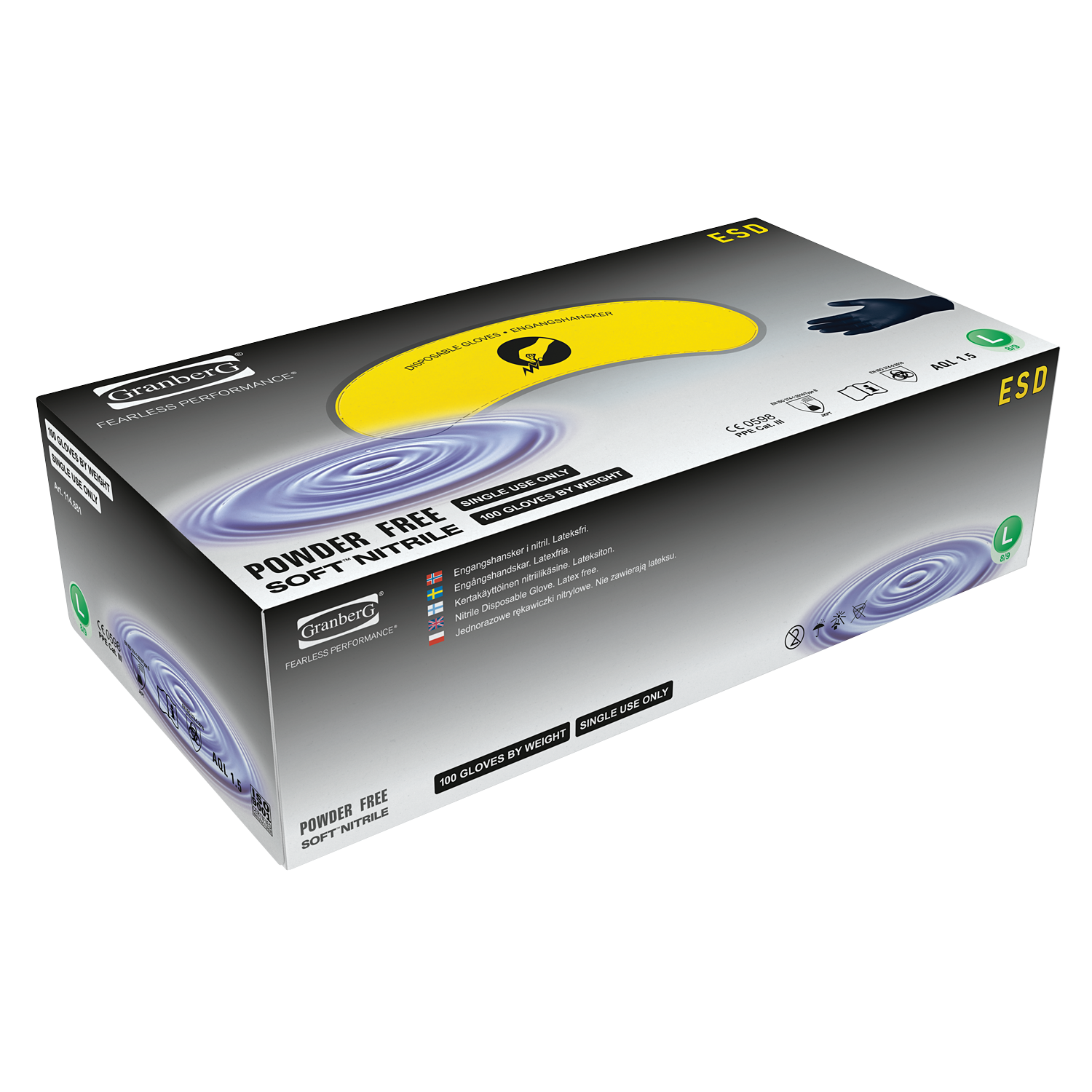 Granberg 881 ESD engangshansker – eske 100 stk, svart Soft Nitrile, antistatisk (ESD).
