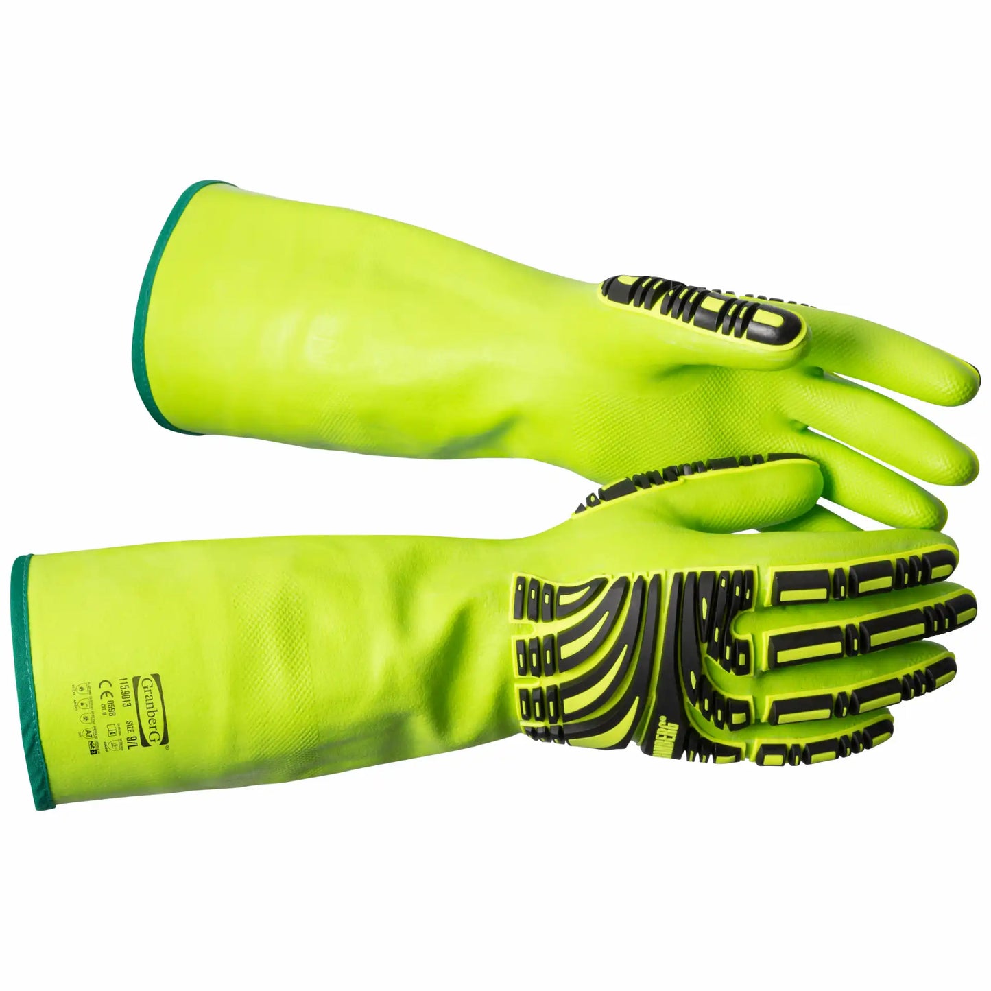 Granberg 9013 kjemikaliehanske i hi-vis grønn – lang mansjett og TPR-støtbeskyttelse.