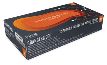 Granberg 960 engangshansker – eske med 50 oransje nitrilhansker med fiskeskjellmønster for ekstra godt grep
