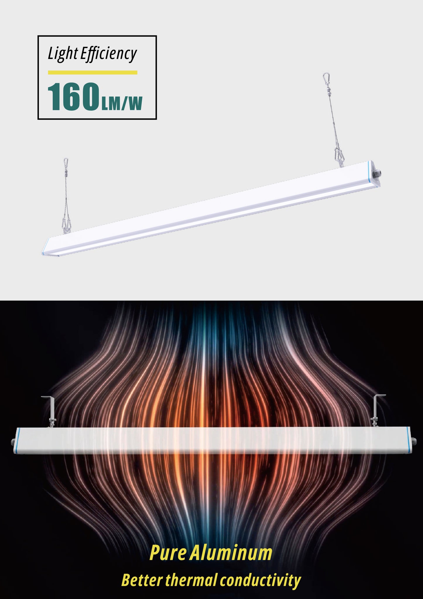 Hemera lineær LED highbay, 160 lm/W – wireoppheng og rent aluminiumshus for optimal kjøling og lang levetid