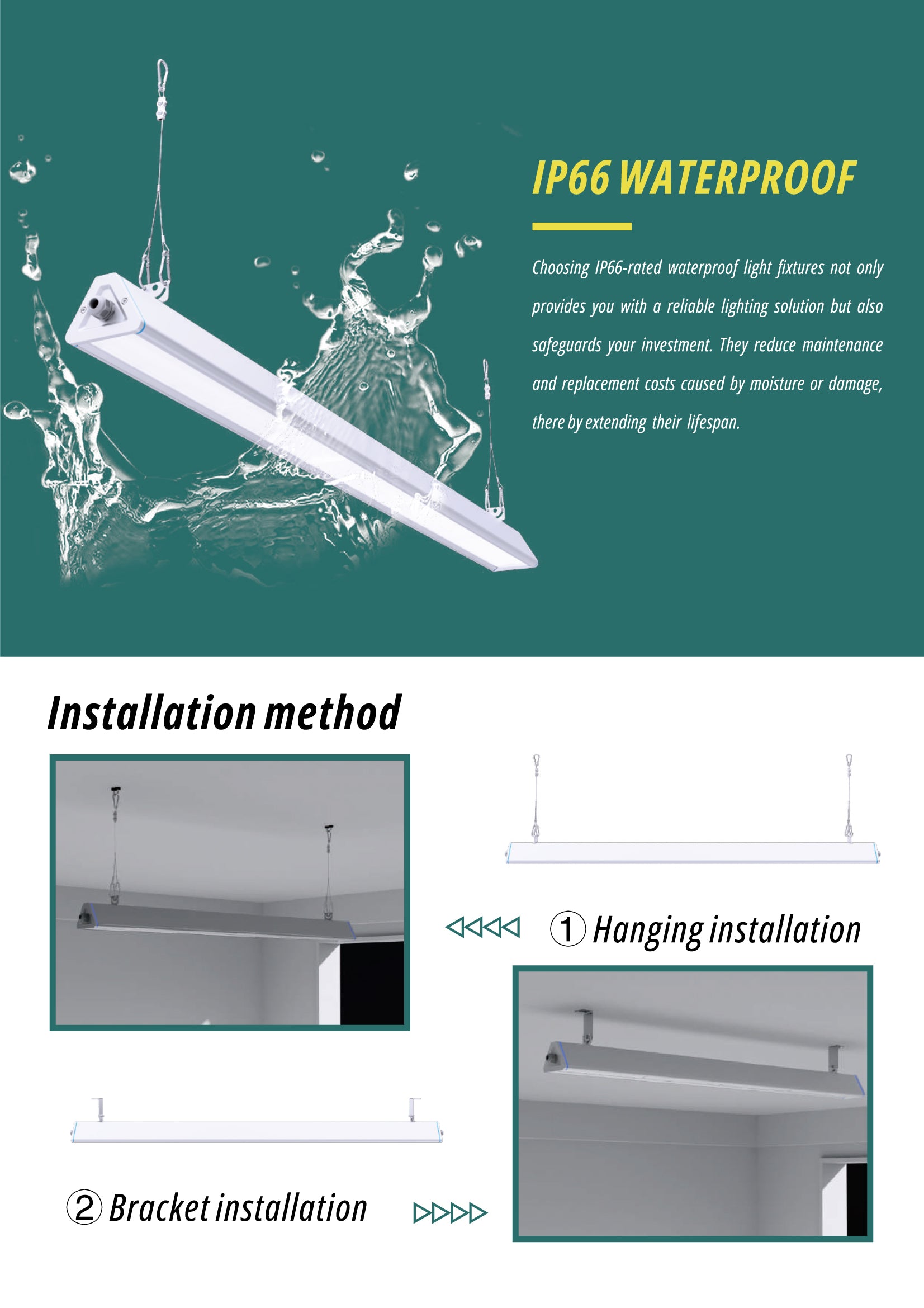 Hemera lineær LED highbay IP66 vanntett – montering med wireoppheng eller takbrakett