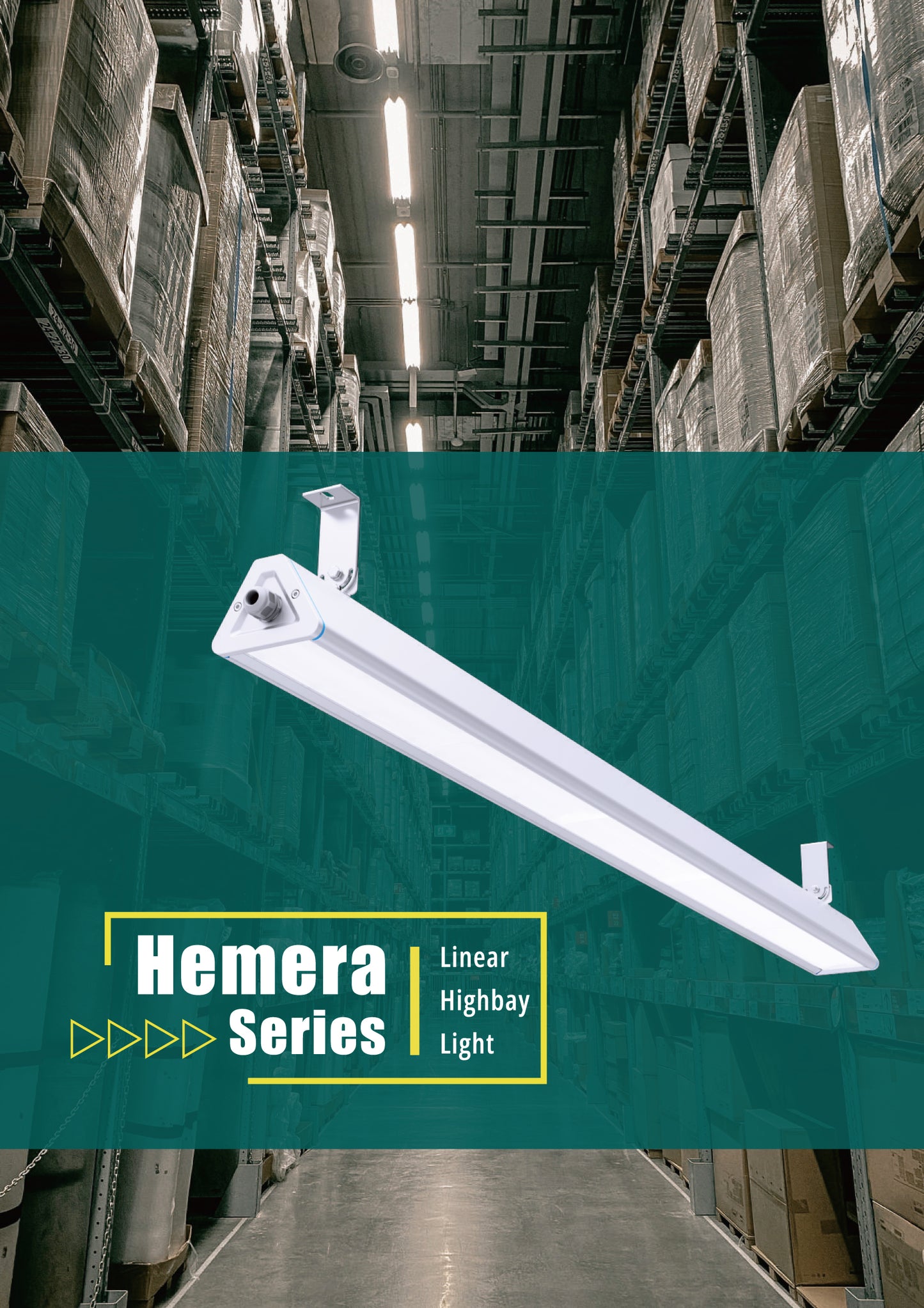 Hemera lineær LED highbay armatur i lagerhall – energieffektiv takbelysning