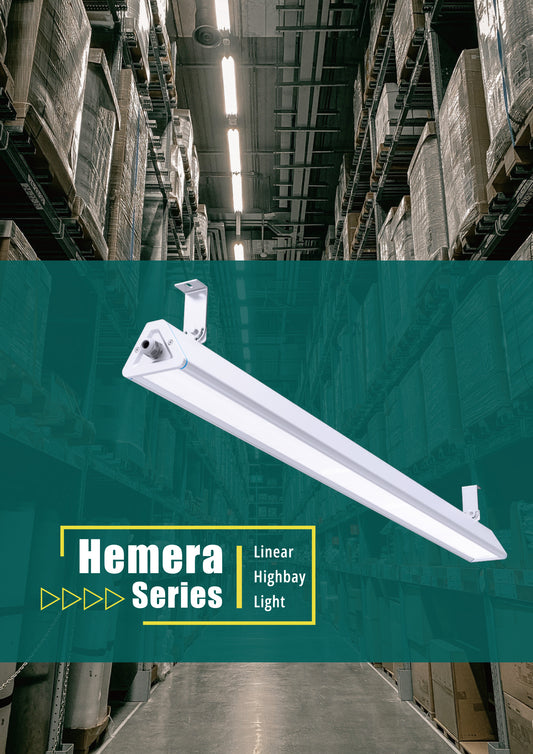 Hemera lineær LED highbay armatur i lagerhall – energieffektiv takbelysning