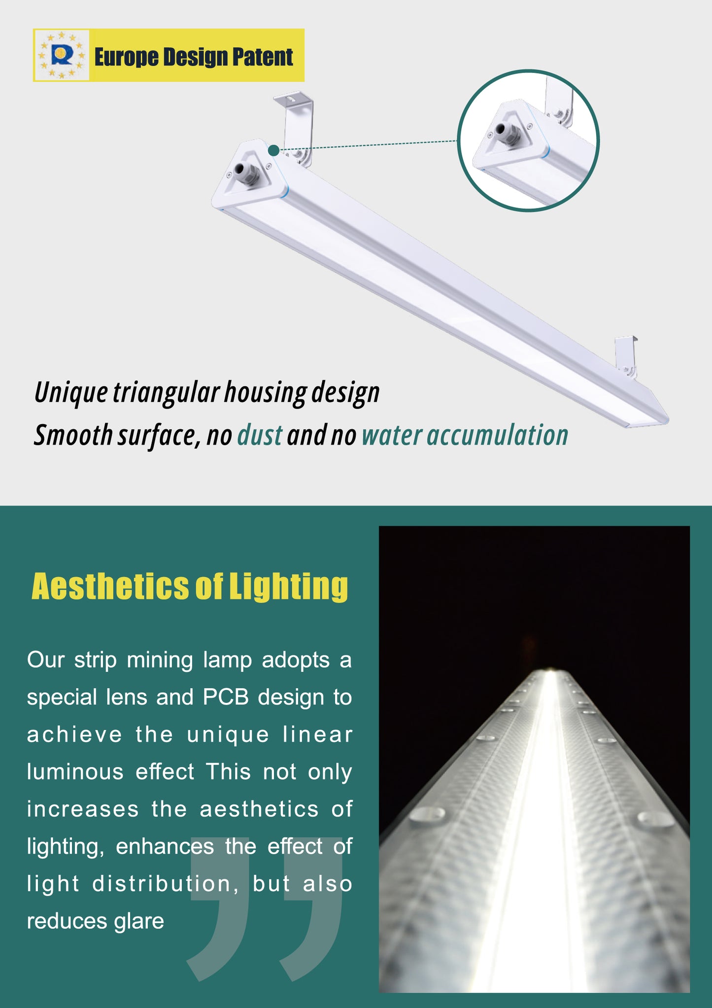 Hemera lineær LED highbay med trekantet hus og glatt overflate som hindrer støv og vannansamling