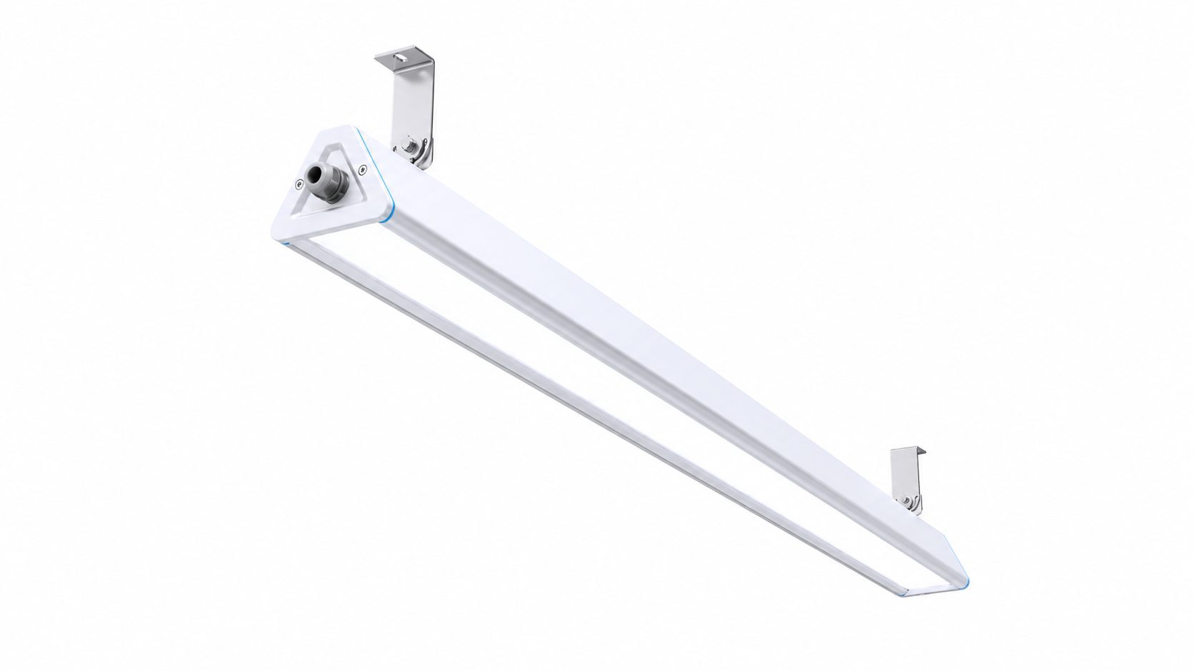 Hemera lineær Highbay LED med takbrakett for montering i tak og 30×90° lysfordeling